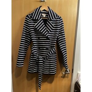 The Loft Double Breasted Navy Blue & White Sz Small Belted Coat Coastal Nautical